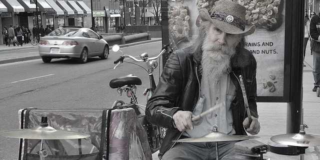 drummer male human homeless street toronto canada ontario drums urban senior coat people outdoor grunge man person city ad