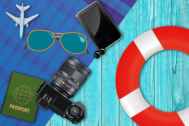 vacations travel fun on the way luggage plane summer sunglasses mp 3 player passport camera nature ready to swim bath towel wo