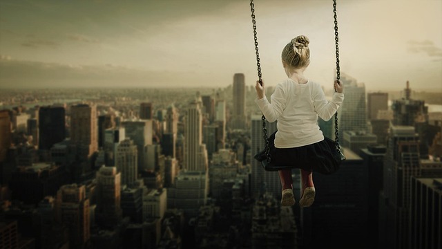 girl swing rock skyline skyscraper outlook melancholic surreal height fantasy playground dream dreams swing fantasy fantasy