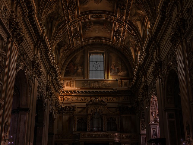 roma ceiling architecture italy rome building italian church landmark travel famous interior dim light low light brown church