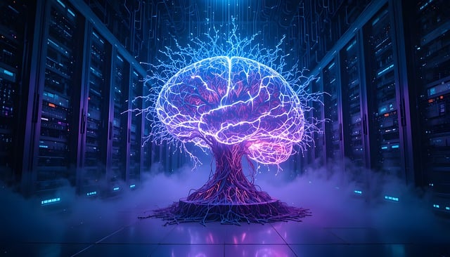 brain servers technology cables futuristic energy artificial intelligence bioluminescent network data center tree fantasy light