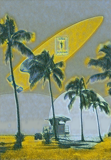 digital graphic nature clip art palm trees beach lifeguard stand surfboard atv sand sunset ocean art work