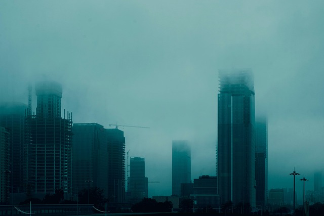 doomsday style cyan blue foggy day ruins city building wasteland style cloudy day foggy day city city city city city cloudy da
