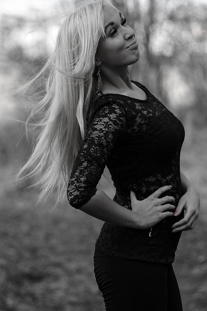 photo shoot with edit black and white photo blonde girl long hair nature meadow trees