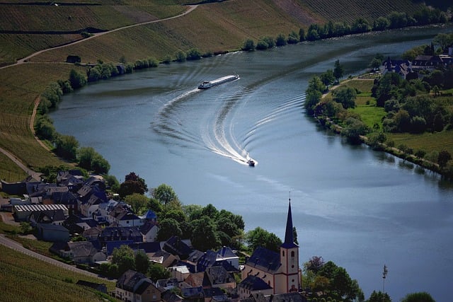 flow landscape ships moselle village germany