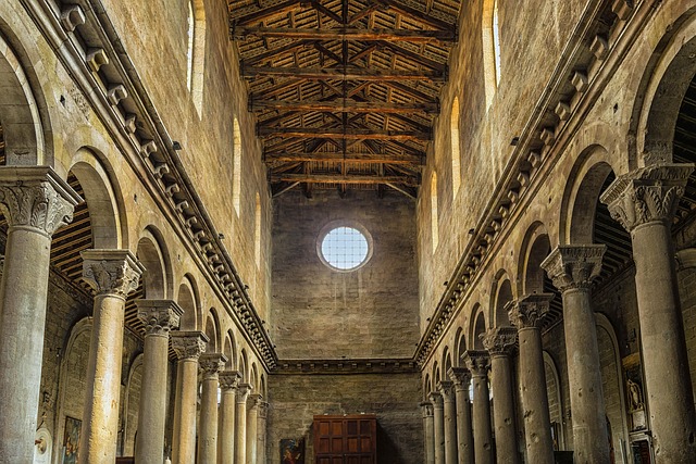 church columns italy viterbo stone wood ceiling dom roman cathedral architecture faith religion catholic chapel christianity