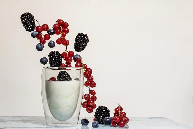yogurt fruit blackberries currants wild berries berry whey dessert sweet dish nourishment yummy cute enjoy dairy product food