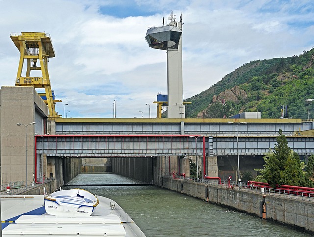 danube two stage lock iron gate southern carpathians romania serbia europe dam second lock chamber nature medium level 34 meters h