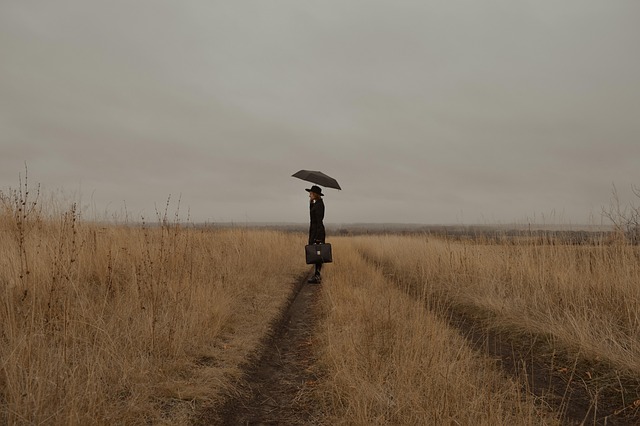 woman mysterious field road meadow traveler umbrella girl journey lonely sad melancholy sadness depression despair sad girl
