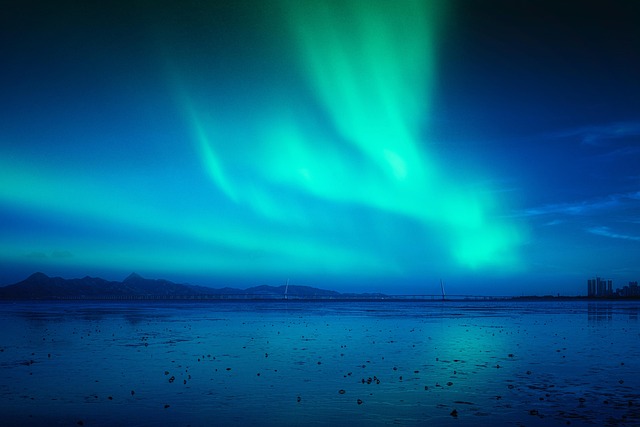 sea night night sky sky northern lights sea bridge skyline shenzhen bay dreamy photoshop nature post production synthetic